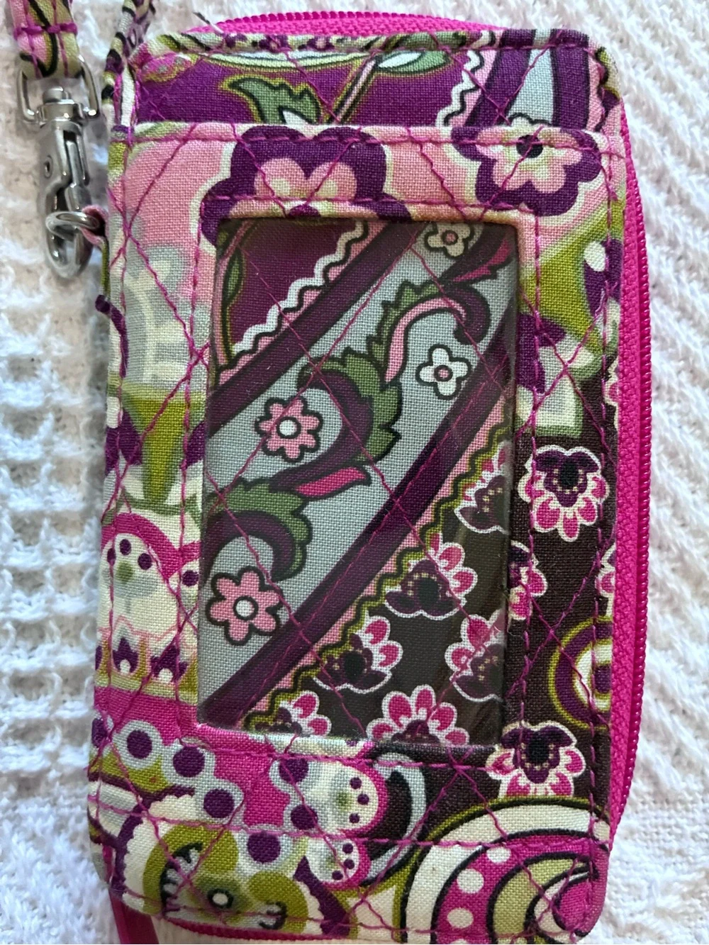 Vera Bradley Zip ID Wristlet in Very Berry Paisley pattern quilted purple pink